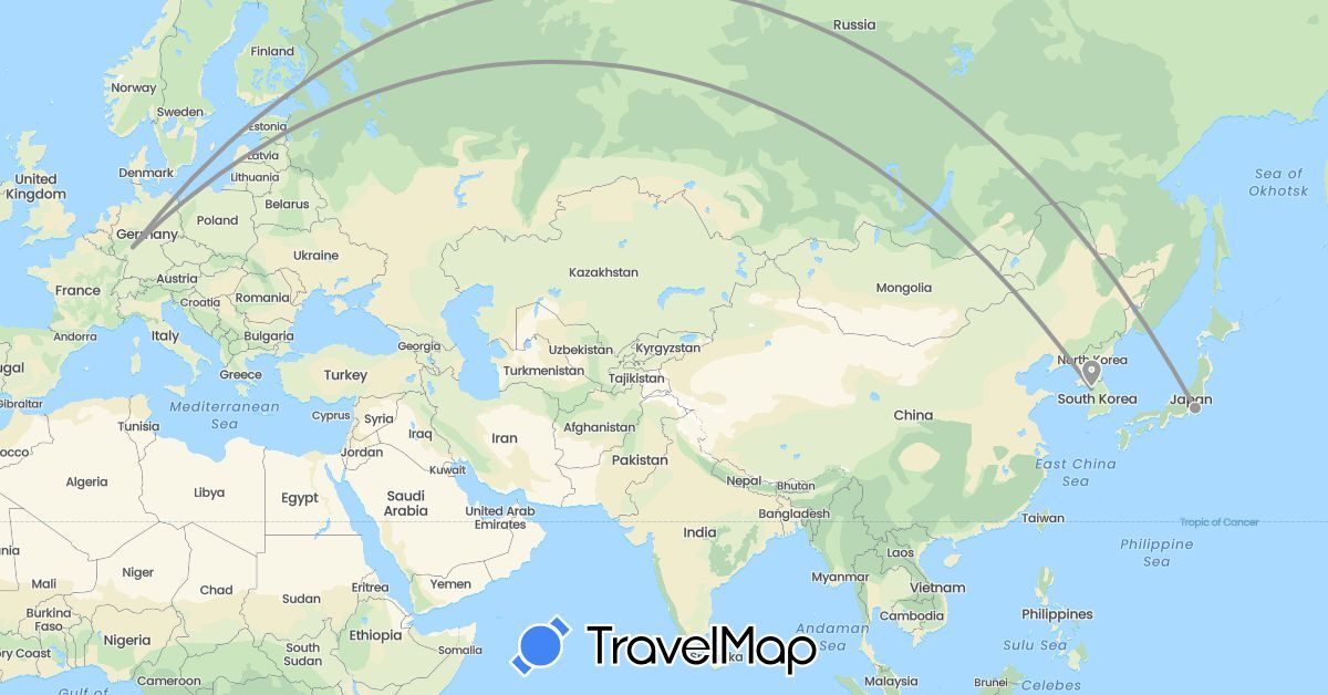 TravelMap itinerary: driving, plane in Germany, Japan, South Korea (Asia, Europe)